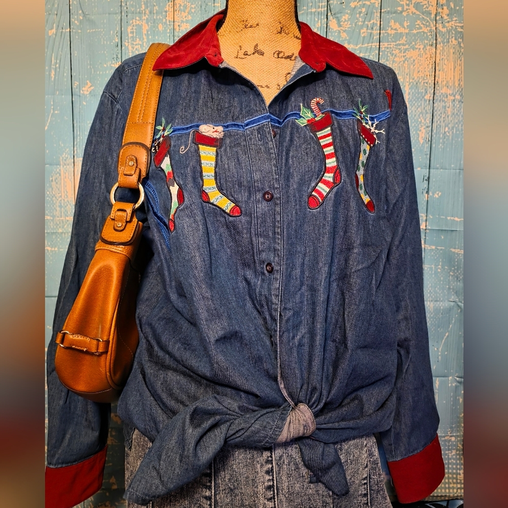 Vintage Scott blue denim button up shirt w/ Christmas socks design, 100% Cotton.